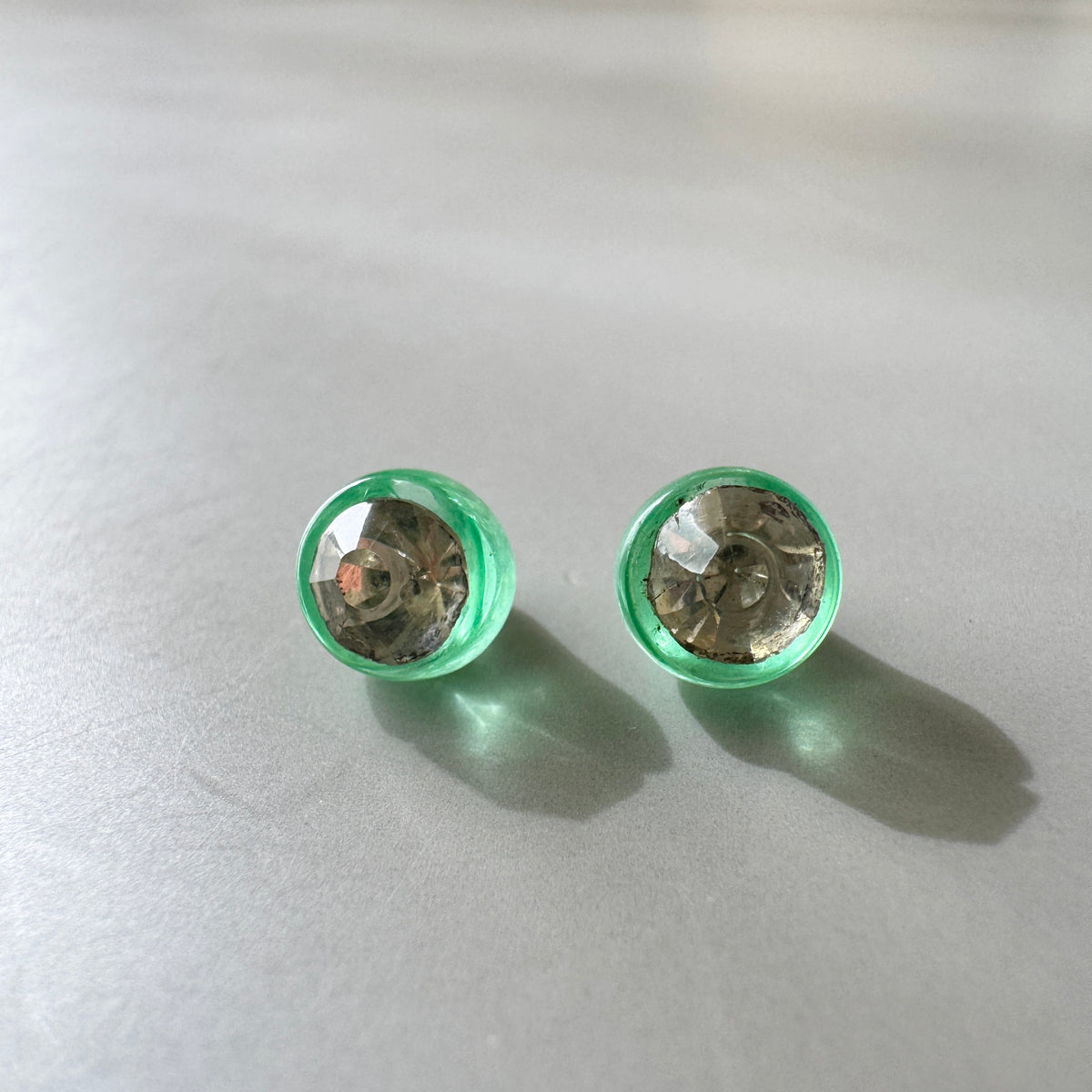 Czech Vintage Vaseline Glass Button with Rhinestone 6mm【2 pcs】