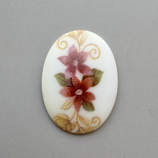 German Vintage Glass Decal Cabochon Brown/Purple Flowers Oval 30x22mm