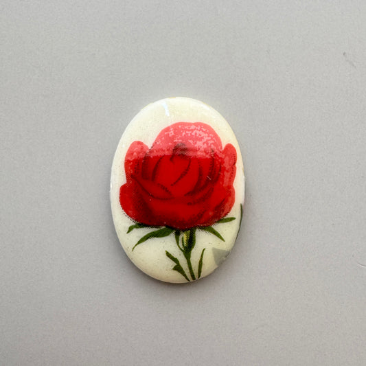 German Vintage Glass Porcelain Decal Cabochon Red Rose Oval 25x18mm