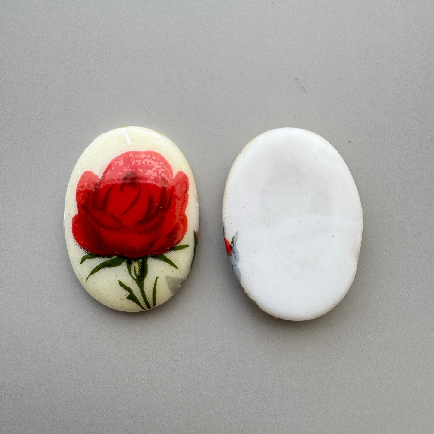 German Vintage Glass Porcelain Decal Cabochon Red Rose Oval 25x18mm