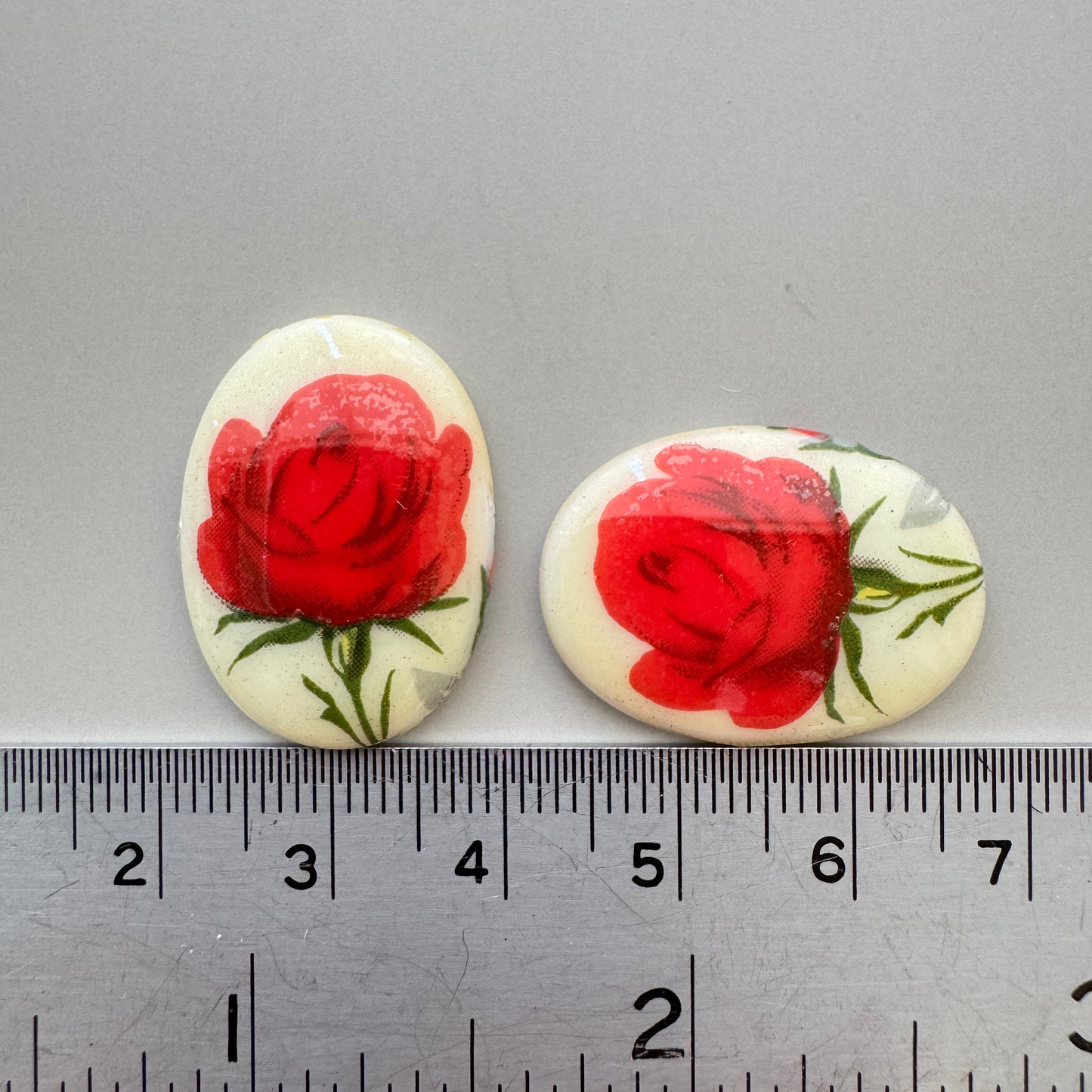 German Vintage Glass Porcelain Decal Cabochon Red Rose Oval 25x18mm