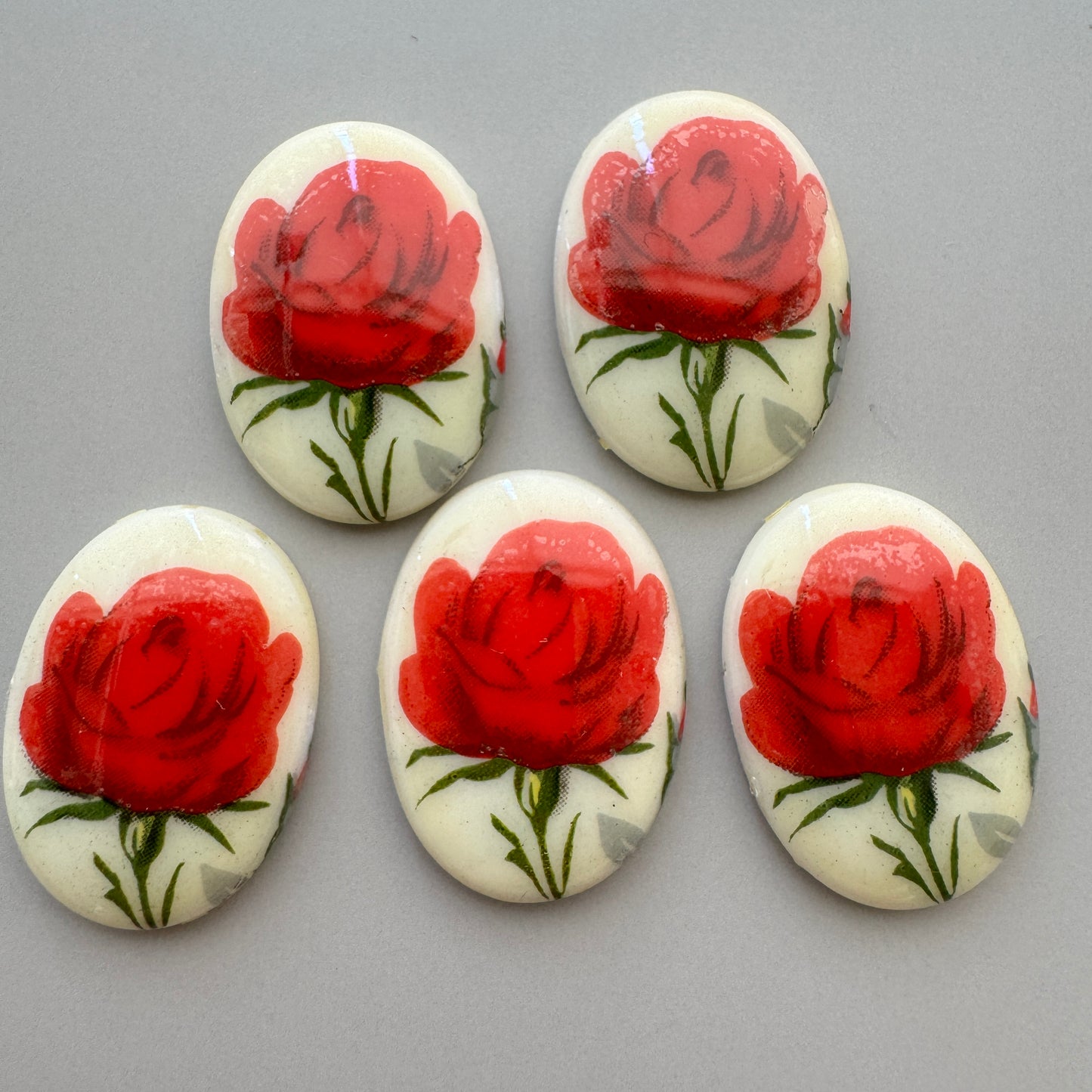 German Vintage Glass Porcelain Decal Cabochon Red Rose Oval 25x18mm