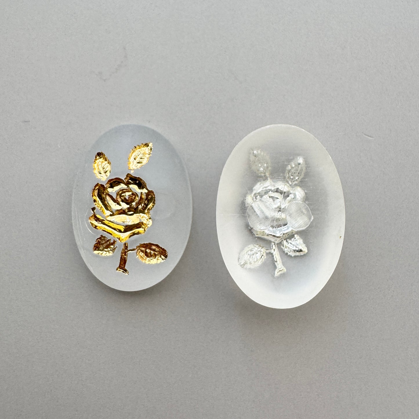 German Vintage Plastic Cabochon Intaglio Rose Matte Crystal/Gold 18x13mm