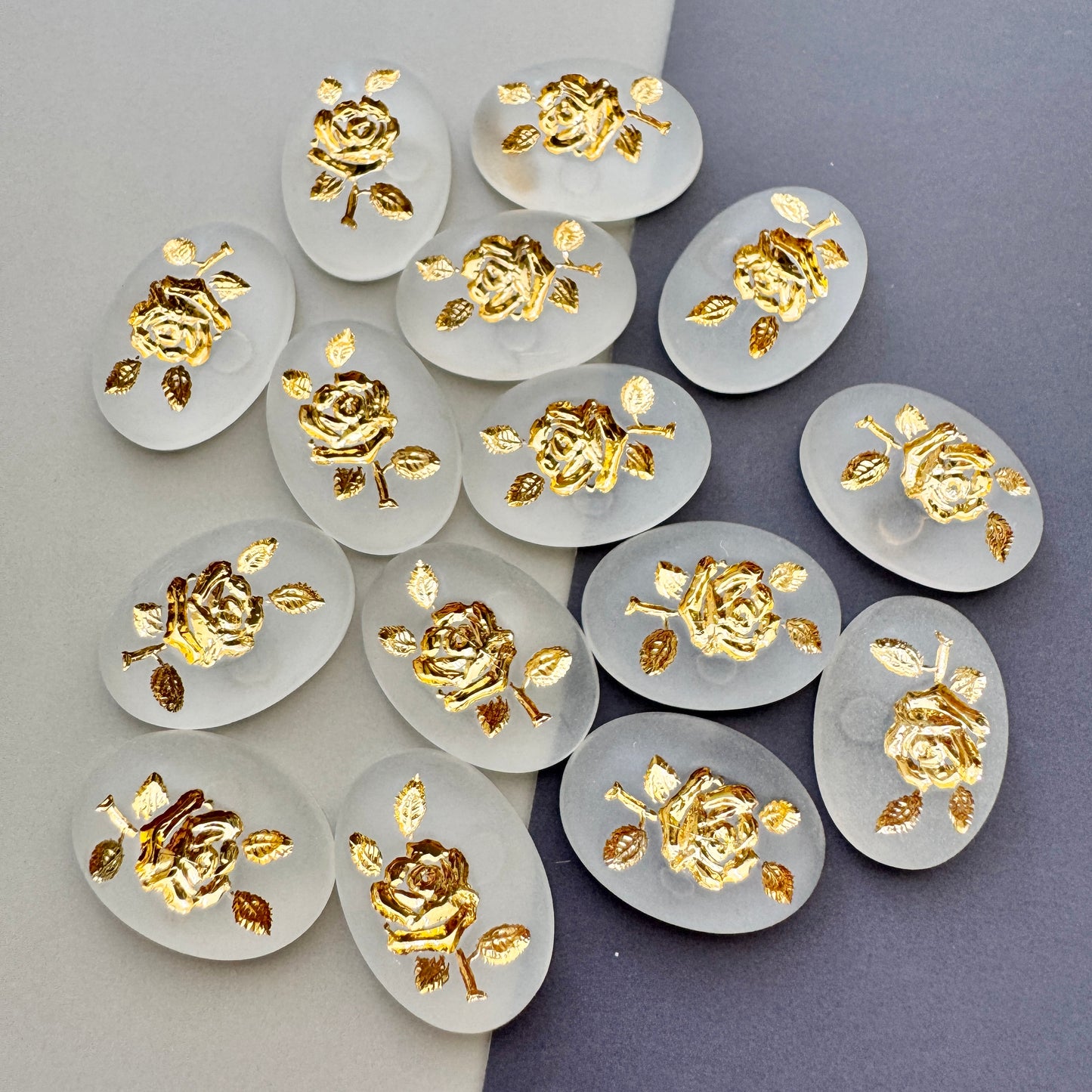 German Vintage Plastic Cabochon Intaglio Rose Matte Crystal/Gold 18x13mm