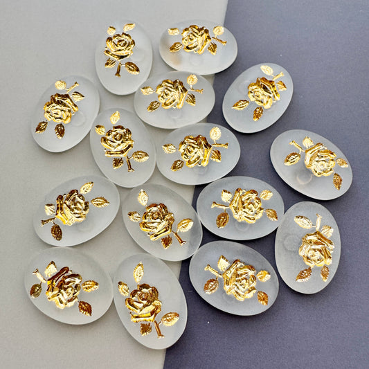 German Vintage Plastic Cabochon Intaglio Rose Matte Crystal/Gold 18x13mm