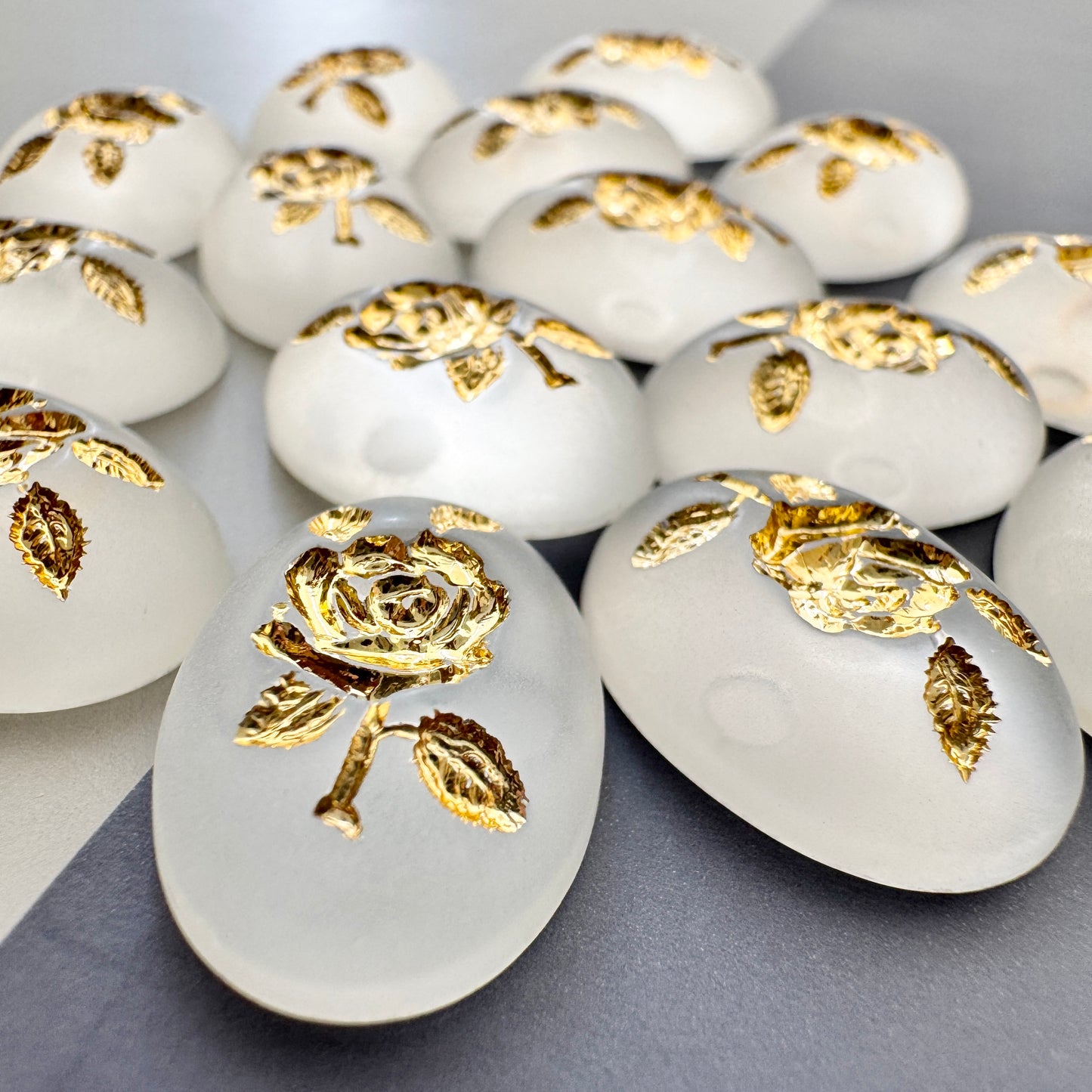 German Vintage Plastic Cabochon Intaglio Rose Matte Crystal/Gold 18x13mm