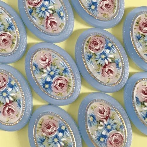 W.Germany Plastic Cameo Flower Blue 25x18mm