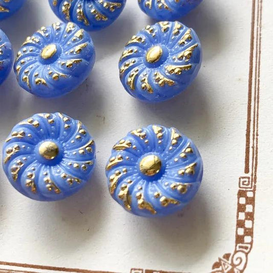 Czech Vintage Glass Button Blue / Gold 13mm