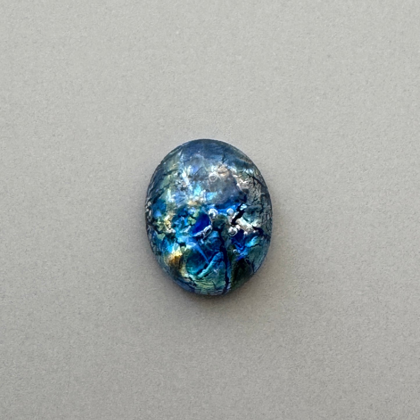 Czech Vintage Glass Fire Opal Cabochon Oval Blue 10x8mm