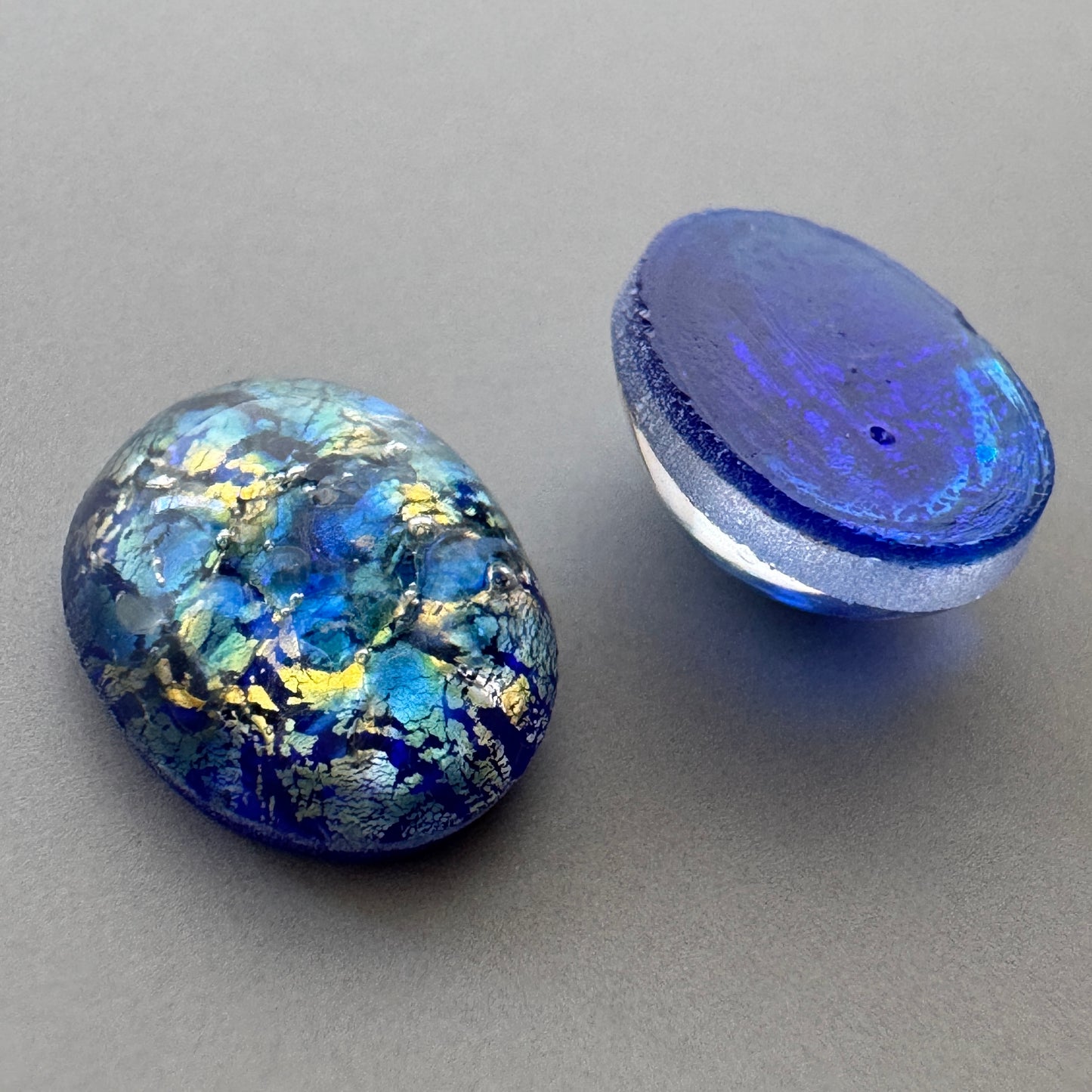 Czech Vintage Glass Fire Opal Cabochon Oval Blue 10x8mm