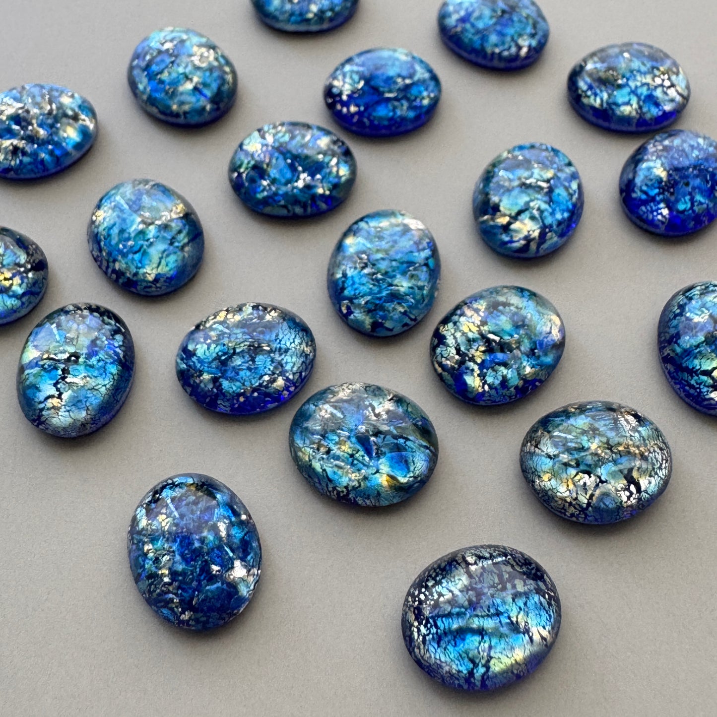 Czech Vintage Glass Fire Opal Cabochon Oval Blue 10x8mm