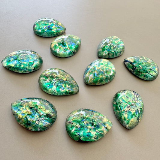 Czech Vintage Glass Fire Opal Cabochon Pearshape Green 18x13mm